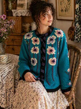 Vintage Storybook Knits Floral Cardigan Cottagecore Grandma Sweater M